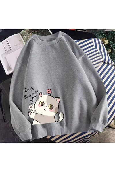DUBU BUTİK Sweet Cat Design Sweatshirt - Gray Printed Oversize Thick Winter Crew Neck