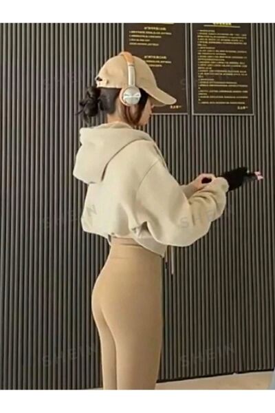 DUBU BUTİK Μπεζ Oversize Hooded Crop Φούτερ - Γυναικεία