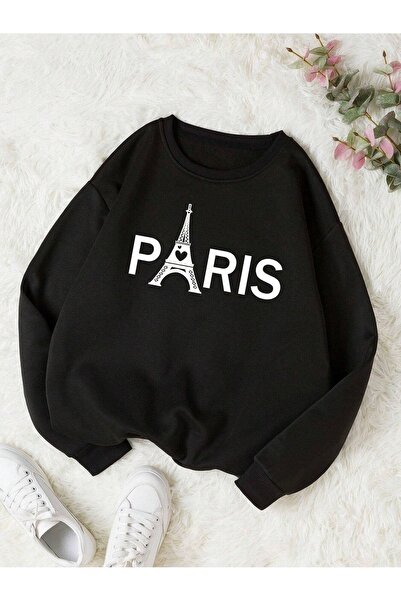 DUBU BUTİK Hanorac Paris Eiffel - Negru Imprimat Oversize Decolteu Crew