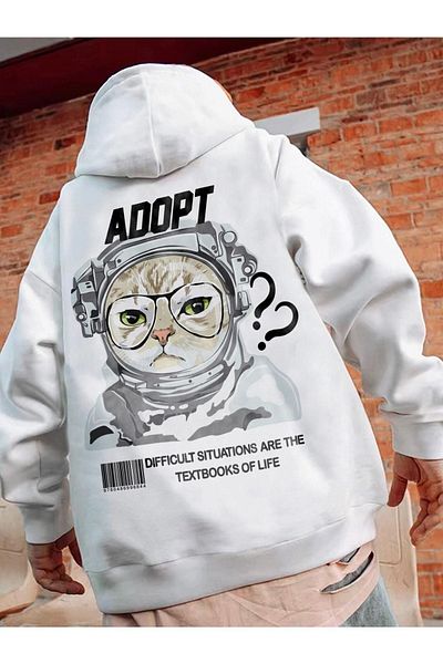 VBSVİBES White Unisex Oversize Astronaut Cat Printed Sweatshirt Hoodie Hooded