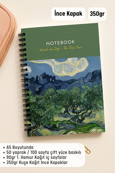 Eldesen Tasarım Van Gogh A5 Spiral Unlined School Notebook, 50 Sheets 100 Pages, Cardboard Cover Notepad, Olive