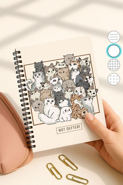 Eldesen Tasarım A5 Spiral Unlined School Notebook, 50 Sheets 100 Pages, Cardboard Cover Notepad, with Cat
