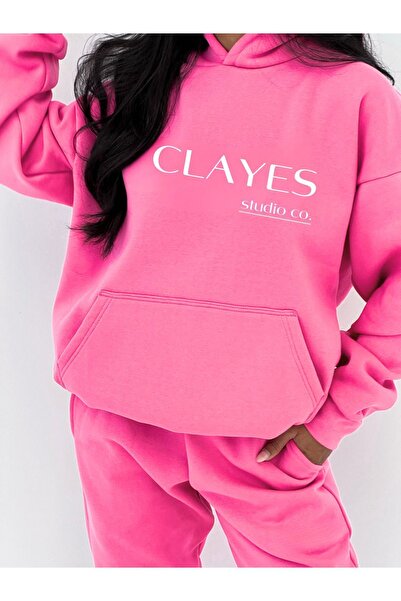 CLAYES Στούντιο Εταιρεία - Φούτερ με ροζ εμπριμέ, 100% βαμβακερή κουκούλα