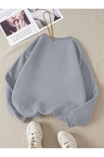 DUBU BUTİK Red Minimal Heart Sweatshirt - Dyed Gray Printed Oversize Thick Winter Crew Neck