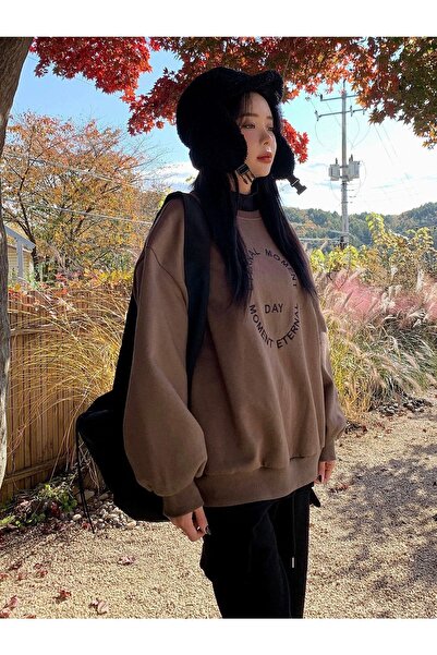 CLAYES Γυναικείο φούτερ καφέ Oversize Moment Printed