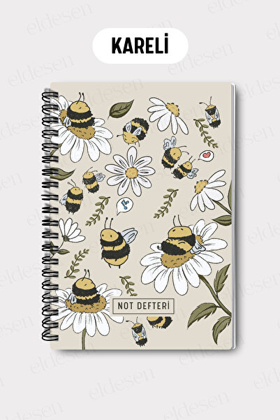 Eldesen Tasarım A5 Spiral Checkered School Notebook, 50 Sheets 100 Pages, Cardboard Cover Notepad, with Bee