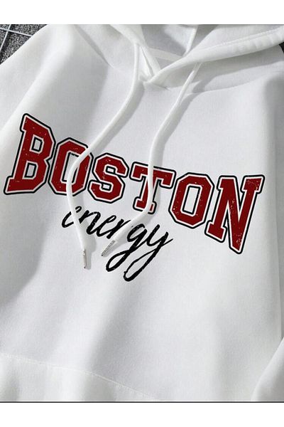 VBSVİBES Унисекс суитшърт с качулка и щампа Boston Energy в бял цвят