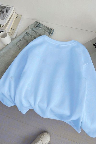 CLAYES Ribbons Leopard Printed Baby Blue Crew Neck Sweatshirt - Oversize Unisex Thick Winter