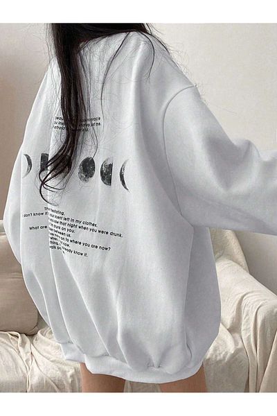 DUBU BUTİK Moon Phases Afraid Winter Thick Sweatshirt - White Printed Oversize Thick Winter Crew Neck