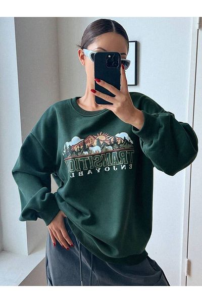 CLAYES Hanorac de tranziție - Verde Imprimat Oversize Gros Iarnă Crew Gât