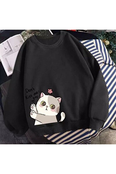 DUBU BUTİK Φούτερ με σχέδιο Sweet Cat - Μαύρη στάμπα, χοντρή χειμερινή λαιμόκοψη