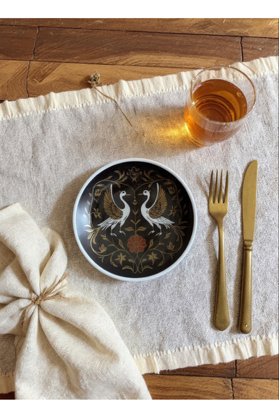 Motiff 15 cm 2 Pieces Decorative Porcelain Plate with Bird Motif – Traditional Pattern on Black Background