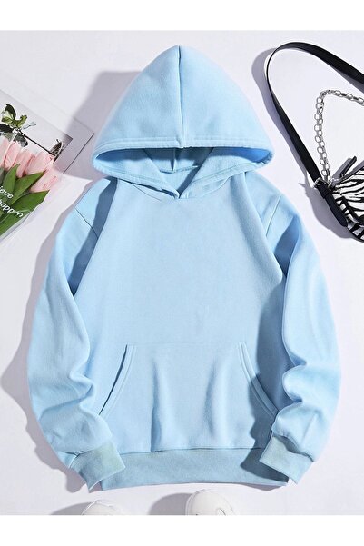 CLAYES Düz Basic Sweatshirt - Bebe Mavisi Oversize Kapüşonlu