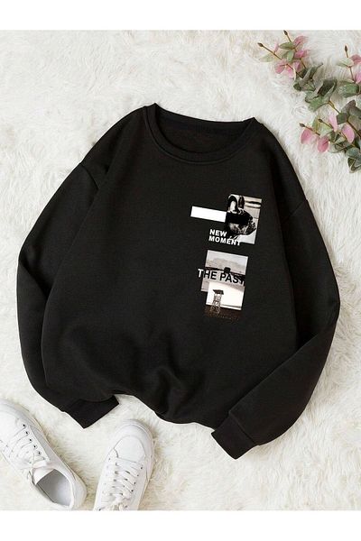 CLAYES Hanorac The Past - Negru Imprimat Oversize Crew Gât