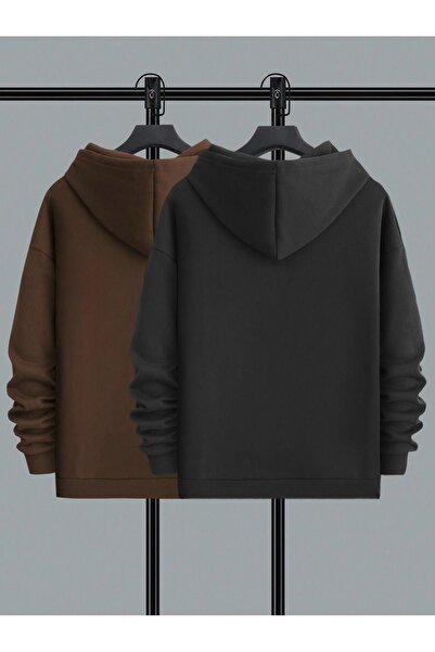 CLAYES 2 Pieces Still Freedom Thick Winter Sweatshirt - Black Brown Printed Oversize Hoodie