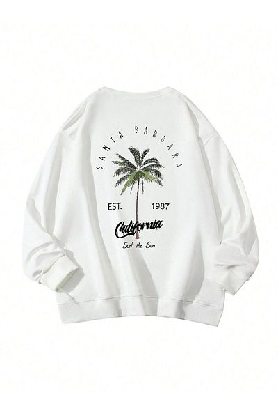 DUBU BUTİK Santa Barbara Winter Thick Sweatshirt - White Printed Oversize Thick Winter Crew Neck