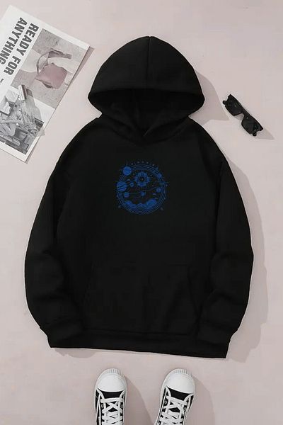 VBSVİBES Unisex Black Hooded Sweatshirt – Planet Space Printed, Thick Fabric with Hood