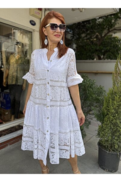 DenizEge Rochie midi din dantelă italiană cu guipură, albă