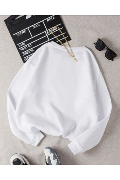 DUBU BUTİK Brooklyn New York Sweatshirt - White Printed Oversize Thick Winter Crew Neck