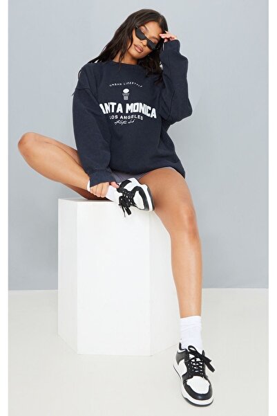 DUBU BUTİK Світшот Santa Monica Los Angeles - темно-синій з принтом, оверсайз, комір-стійка
