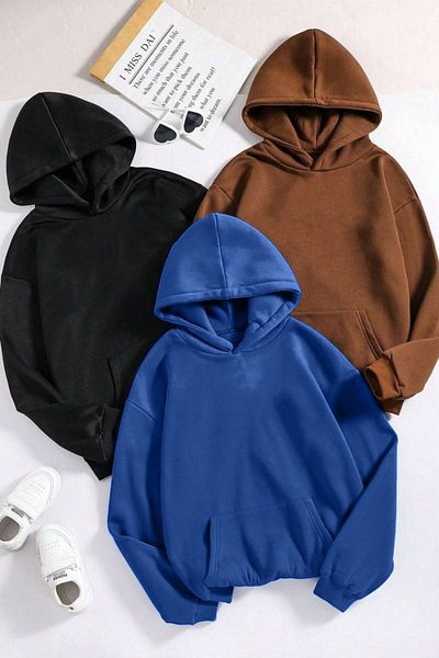 DUBU BUTİK 3-Piece Plain Basic Thick Winter Sweatshirt - Black Brown Sax Blue Oversize Hood