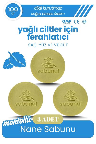 sabunal Menthol Mint Soap 3 Pieces - Refreshing Oily Skin and Hair Cleansing Soap