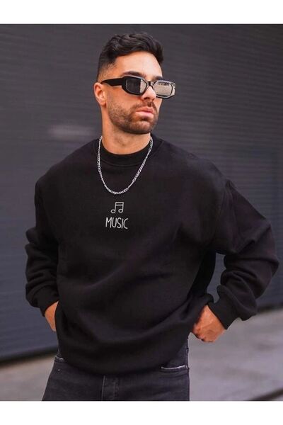 DUBU BUTİK Hanorac negru unisex oversize cu imprimeu muzical cu decolteu triplu