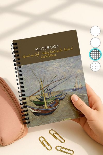 Eldesen Tasarım Van Gogh A5 Spiral Checkered School Notebook, 50 Sheets 100 Pages, Cardboard Cover Notebook, Boats