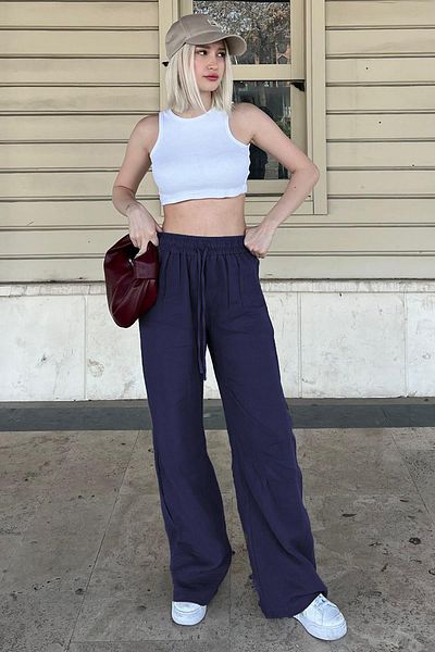 Madmext Marineblaue Damenhose aus Musselin mit weitem Bein MG1980