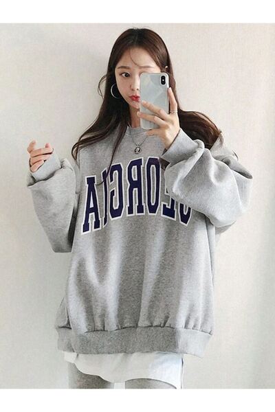 DUBU BUTİK Τζόρτζια - Γκρι φούτερ με λαιμόκοψη