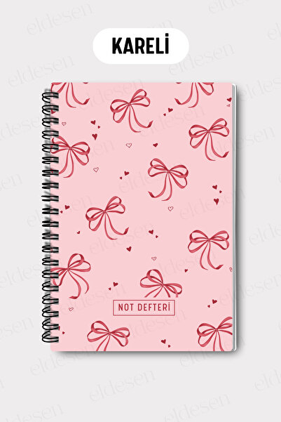 Eldesen Tasarım A5 Spiral Checkered School Notebook, 50 Sheets 100 Pages, Cardboard Cover Notepad, Pink Bow