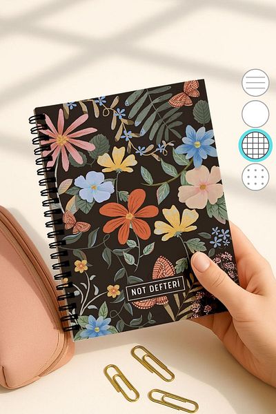 Eldesen Tasarım A5 Spiral Checkered School Notebook, 50 Sheets 100 Pages, Cardboard Cover Notepad, Butterfly