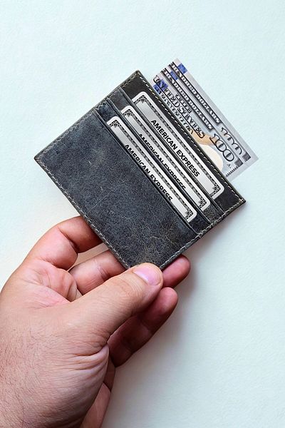 VANİLLA COLLECTİON Gray Genuine Crazy Leather Unisex Credit Card Holder Ultra-Thin Minimal Design Silky Texture