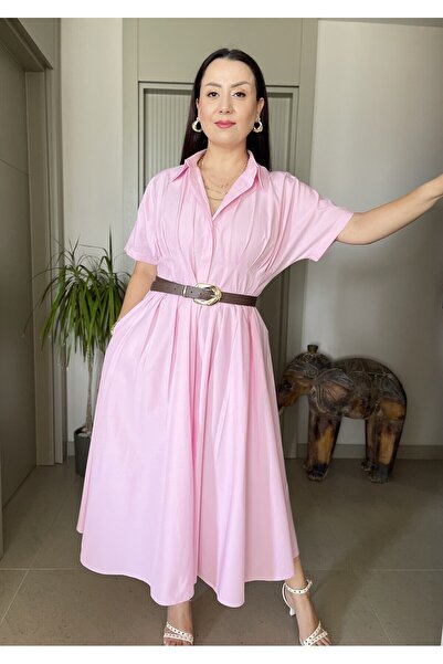 Butik Pileli Önü Full Düğme Kapamalı Gömlek Yaka Midi Boy Poplin Elbise