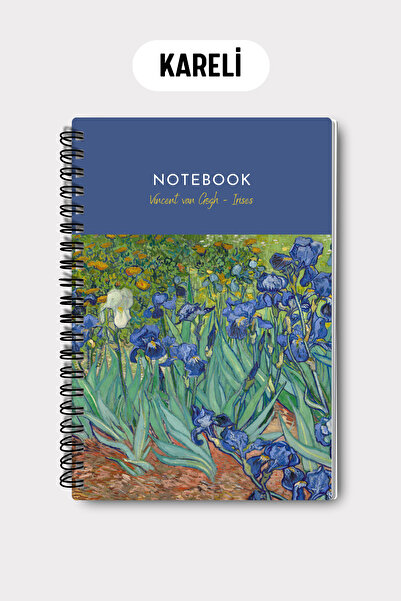 Eldesen Tasarım Van Gogh A5 Spiral Checkered School Notebook, 50 Sheets 100 Pages, Cardboard Cover Notepad, Iris