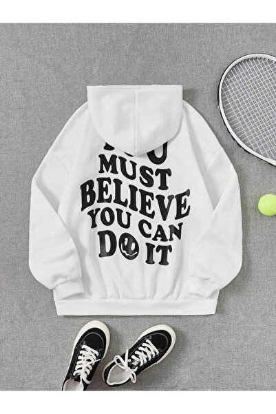 DUBU BUTİK Φούτερ You Must Believe - Λευκή στάμπα Oversize Hooded