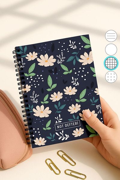 Eldesen Tasarım A5 Spiral Checkered School Notebook, 50 Sheets 100 Pages, Cardboard Cover Notepad, White Floral