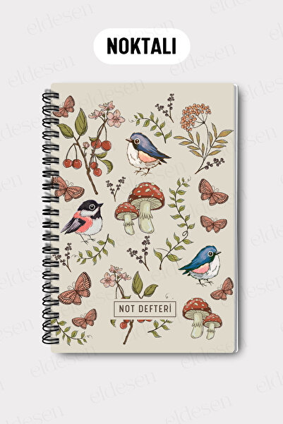 Eldesen Tasarım A5 Spiral Dotted School Notebook, 50 Sheets 100 Pages, Cardboard Cover Notepad, Mushroom