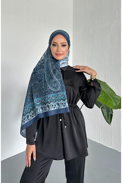 Stella Eşarp Colorful Paisley Ethnic Patterned Indigo Color Soft Cotton Shawl