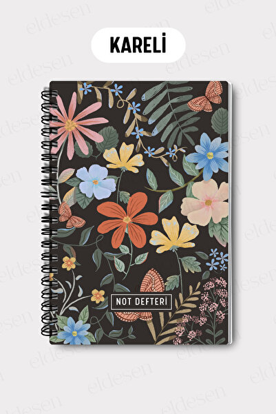 Eldesen Tasarım A5 Spiral Checkered School Notebook, 50 Sheets 100 Pages, Cardboard Cover Notepad, Butterfly