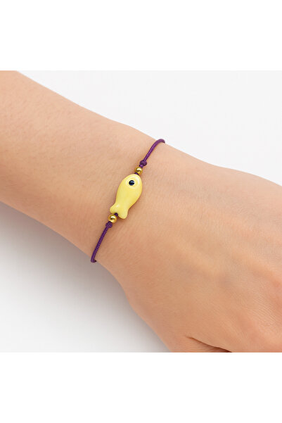 Femenino Kadın Ayarlanabilir Mor İpli Sarı Balık Figürlü Gold Boncuklu Bileklik