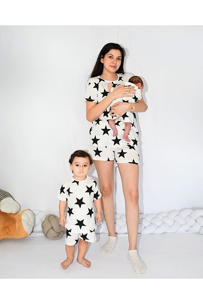 Drop Kids Mother Child Combination Pajama Set Black Star Pattern Shorts (Sold Individually)