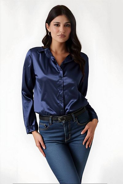 hazelin Women's Navy Blue Lightly Draped Satin Surface Shirt Hzl22w-bd139641