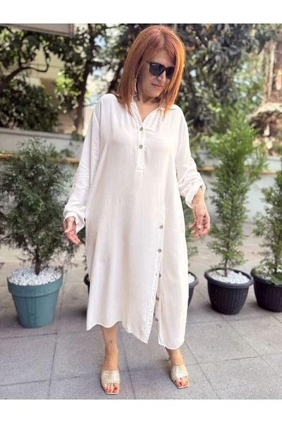 DenizEge Side Button Dress White