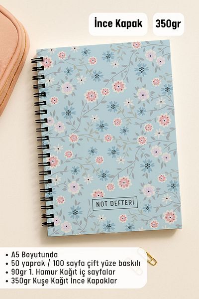 Eldesen Tasarım A5 Spiral Dotted School Notebook, 50 Sheets 100 Pages, Cardboard Cover Notepad, Blue Floral