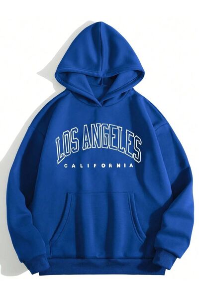 DUBU BUTİK Φούτερ Los Angeles California - Sax Blue Printed Oversize Hoodie