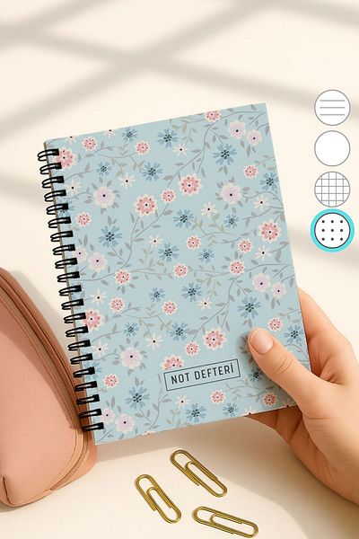 Eldesen Tasarım A5 Spiral Dotted School Notebook, 50 Sheets 100 Pages, Cardboard Cover Notepad, Blue Floral