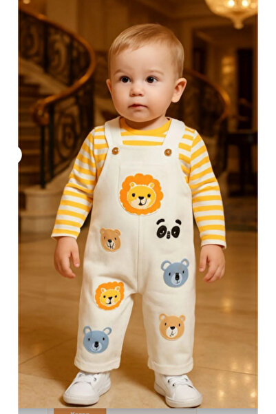 Necix's Hayvan Figürlü Bebek Salopet takım- Uzun Kollu Çizgili Bodyli