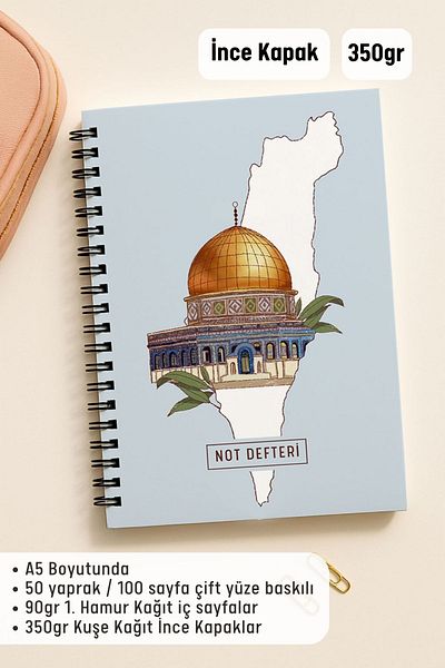Eldesen Tasarım A5 Spiral Dotted School Notebook, 50 Sheets 100 Pages, Cardboard Cover Notebook, Jerusalem
