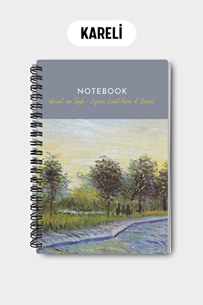 Eldesen Tasarım Van Gogh A5 Spiral Checkered School Notebook, 50 Sheets 100 Pages, Cardboard Cover Notepad, Day